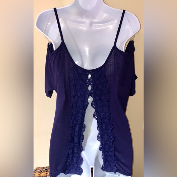 Navy blue cold shoulder top lace open back tee short sleeve top blue top Y2K top - Picture 1 of 9